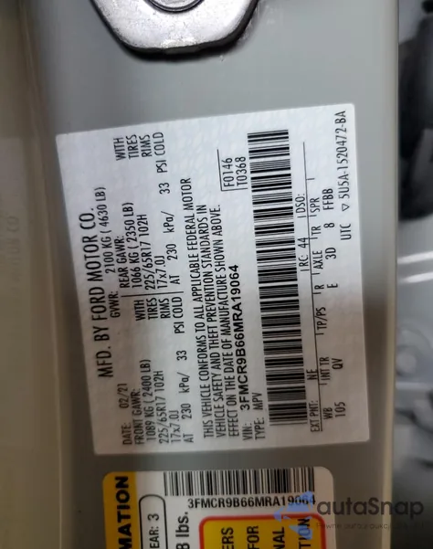 2021 Ford Bronco Sport Big Bend из США, поврежденный, VIN 3FMCR9B66MRA19064